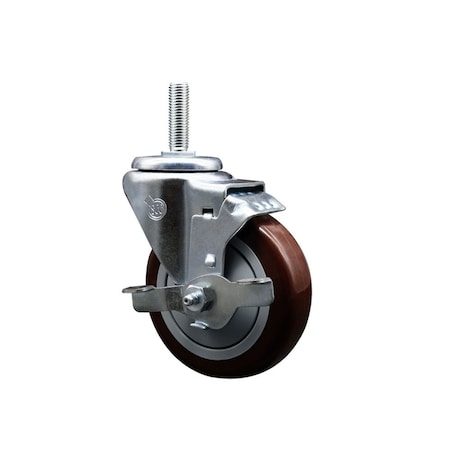Service Caster 4 Inch Maroon Polyurethane Wheel Swivel 34 Inch Threaded Stem Caster with Brake SCC SCC-TS20S414-PPUB-MRN-TLB-34212